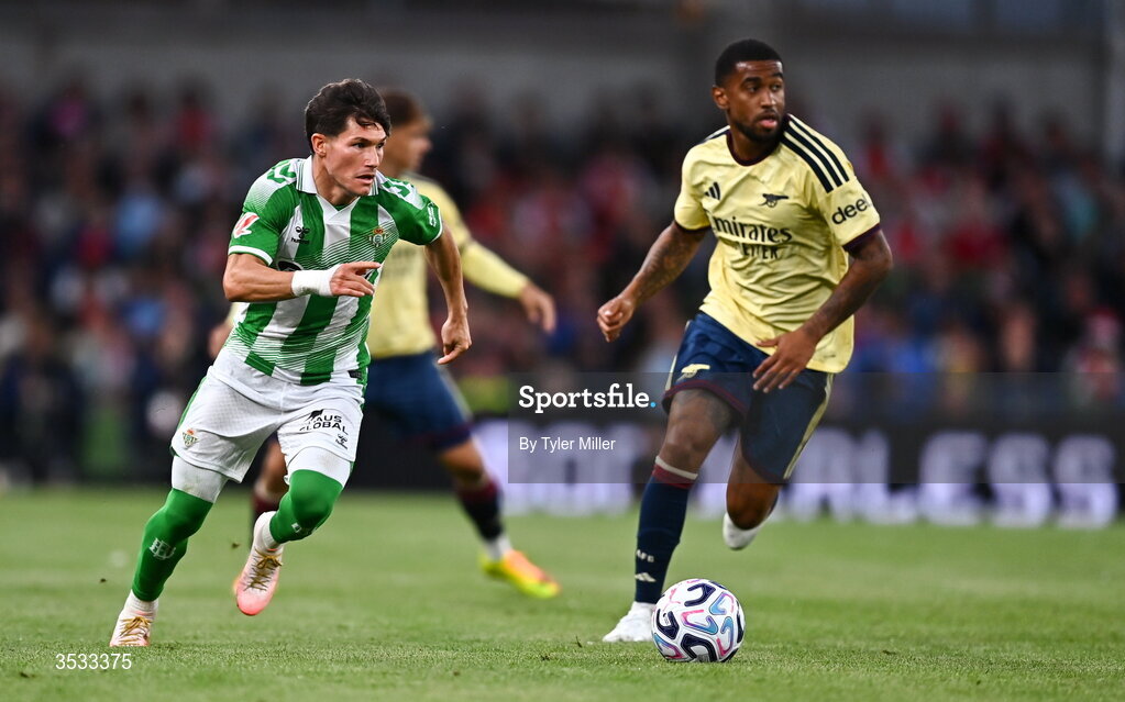 5 August 2026; Fran García of Real Betis during the pre-season friendly match between Arsenal and Real Betis at the Aviva Stadium in Dublin. Photo by Tyler Miller/Sportsfile