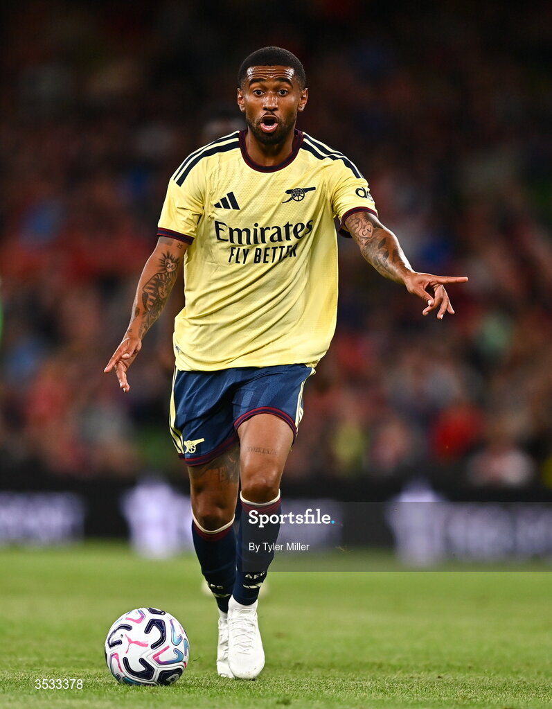 5 August 2026; Reiss Nelson of Arsenal during the pre-season friendly match between Arsenal and Real Betis at the Aviva Stadium in Dublin. Photo by Tyler Miller/Sportsfile