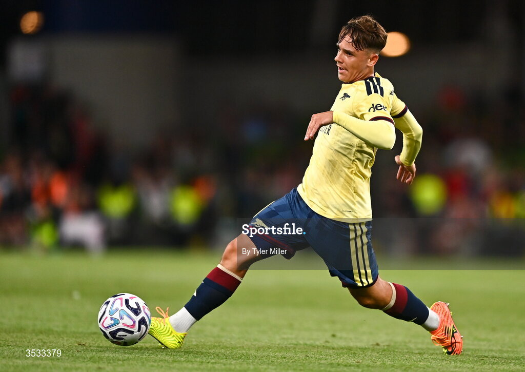 5 August 2026; Theo Julienne of Arsenal during the pre-season friendly match between Arsenal and Real Betis at the Aviva Stadium in Dublin. Photo by Tyler Miller/Sportsfile