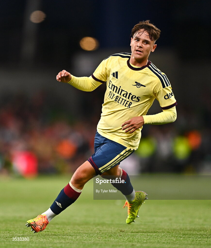 5 August 2026; Theo Julienne of Arsenal during the pre-season friendly match between Arsenal and Real Betis at the Aviva Stadium in Dublin. Photo by Tyler Miller/Sportsfile