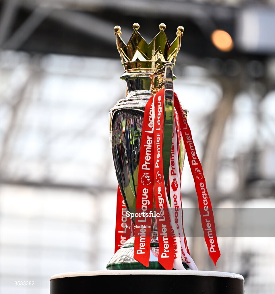 5 August 2026; The Premier League trophy is seen before the pre-season friendly match between Arsenal and Real Betis at the Aviva Stadium in Dublin. Photo by Tyler Miller/Sportsfile