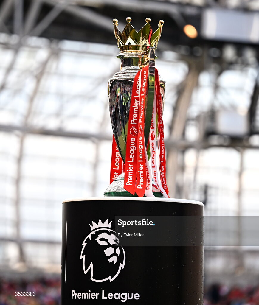 5 August 2026; The Premier League trophy is seen before the pre-season friendly match between Arsenal and Real Betis at the Aviva Stadium in Dublin. Photo by Tyler Miller/Sportsfile