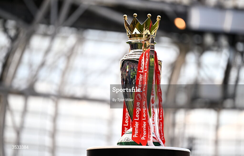 5 August 2026; The Premier League trophy is seen before the pre-season friendly match between Arsenal and Real Betis at the Aviva Stadium in Dublin. Photo by Tyler Miller/Sportsfile