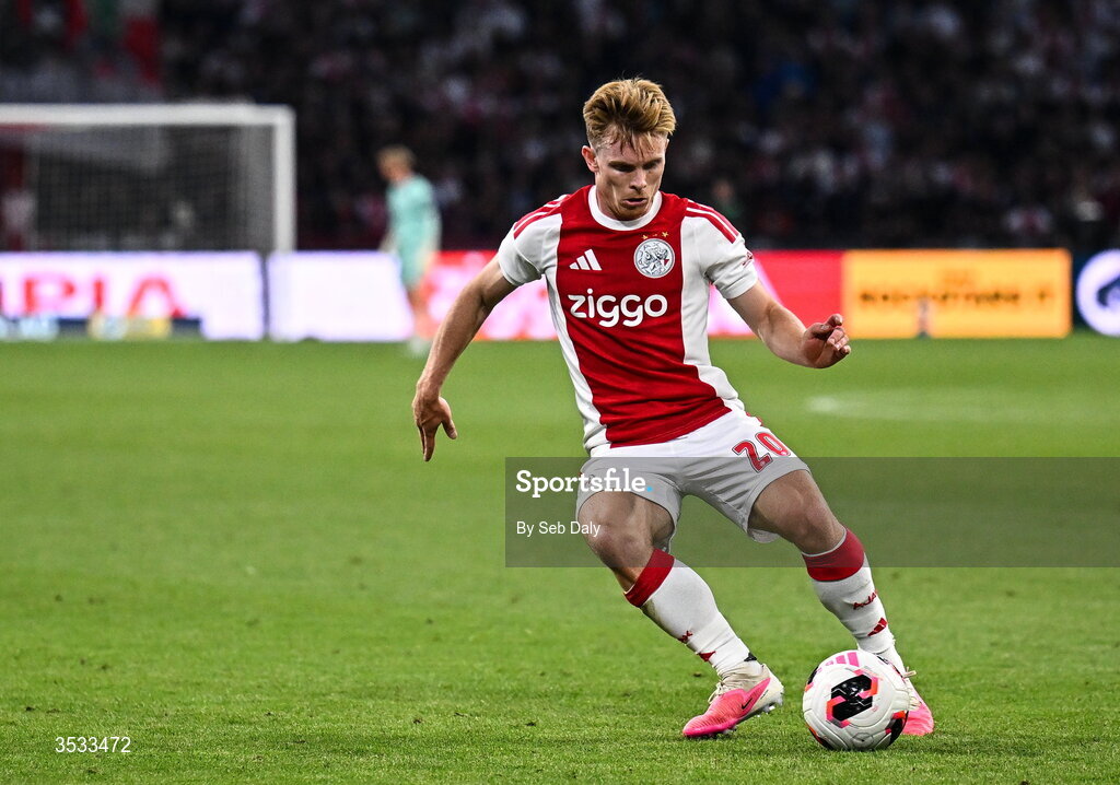 6 August 2026; Oliver Edvardsen of Ajax during the UEFA Conference League Third Qualifying Round first leg match between Ajax and Shelbourne at Johan Cruyff Arena in Amsterdam, Netherlands. Photo by Seb Daly/Sportsfile
