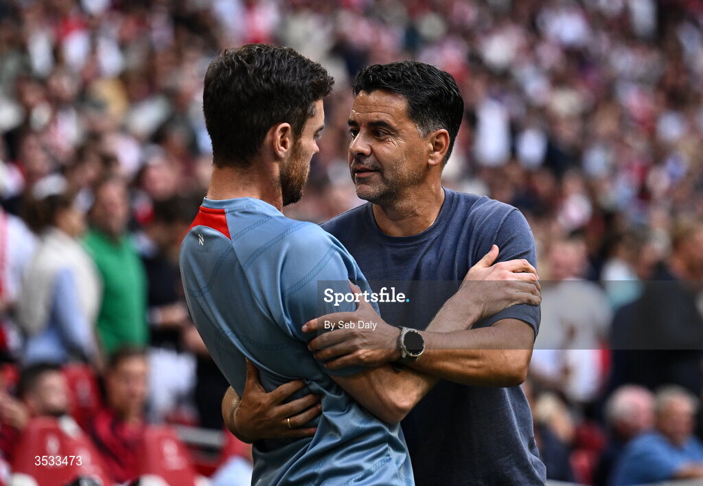 6 August 2026; Ajax head coach Míchel, right, and Shelbourne head coach John Russell before the UEFA Conference League Third Qualifying Round first leg match between Ajax and Shelbourne at Johan Cruyff Arena in Amsterdam, Netherlands. Photo by Seb Daly/Sportsfile