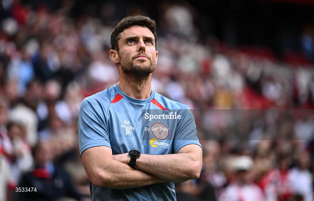 6 August 2026; Shelbourne head coach John Russell before the UEFA Conference League Third Qualifying Round first leg match between Ajax and Shelbourne at Johan Cruyff Arena in Amsterdam, Netherlands. Photo by Seb Daly/Sportsfile