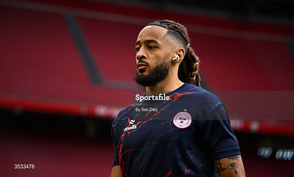 6 August 2026; Milan Mbeng of Shelbourne before the UEFA Conference League Third Qualifying Round first leg match between Ajax and Shelbourne at Johan Cruyff Arena in Amsterdam, Netherlands. Photo by Seb Daly/Sportsfile