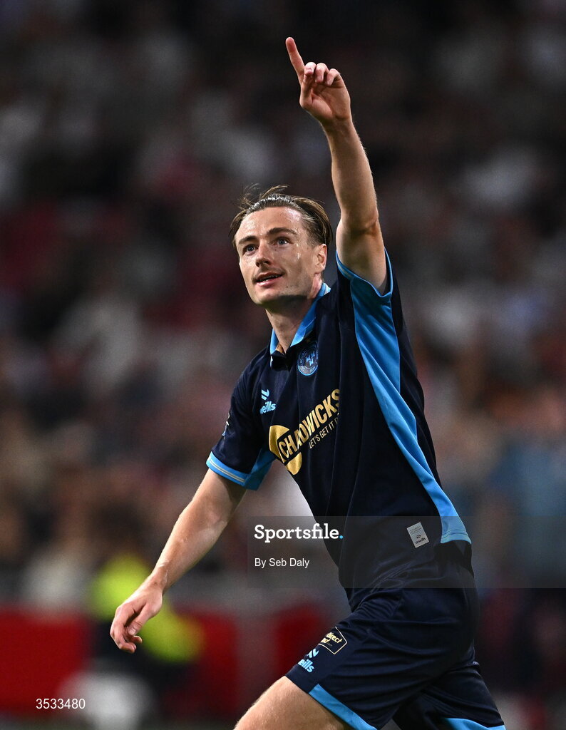 6 August 2026; Daniel Kelly of Shelbourne celebrates after scoring his side's first goal during the UEFA Conference League Third Qualifying Round first leg match between Ajax and Shelbourne at Johan Cruyff Arena in Amsterdam, Netherlands. Photo by Seb Daly/Sportsfile