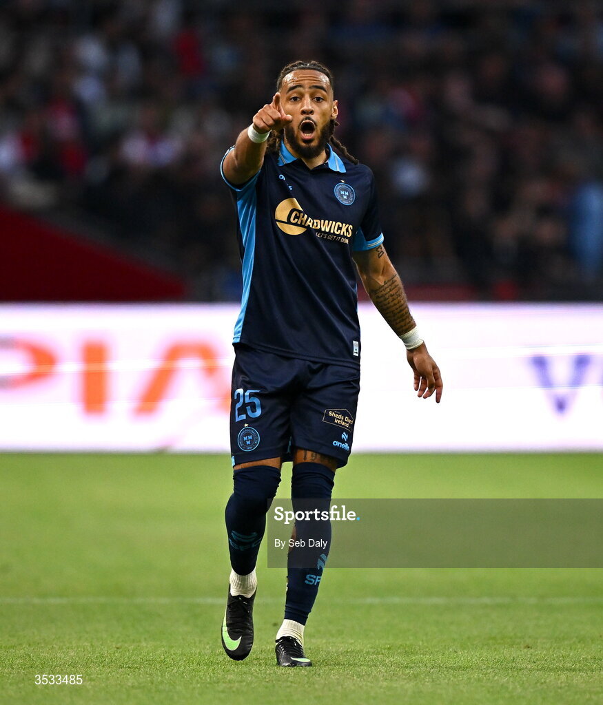 6 August 2026; Milan Mbeng of Shelbourne during the UEFA Conference League Third Qualifying Round first leg match between Ajax and Shelbourne at Johan Cruyff Arena in Amsterdam, Netherlands. Photo by Seb Daly/Sportsfile