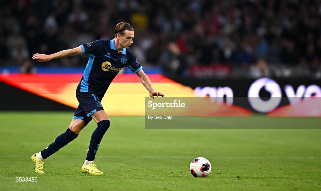 6 August 2026; Daniel Kelly of Shelbourne during the UEFA Conference League Third Qualifying Round first leg match between Ajax and Shelbourne at Johan Cruyff Arena in Amsterdam, Netherlands. Photo by Seb Daly/Sportsfile
