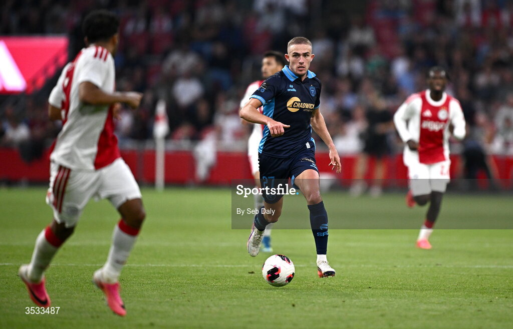 6 August 2026; Evan Caffrey of Shelbourne during the UEFA Conference League Third Qualifying Round first leg match between Ajax and Shelbourne at Johan Cruyff Arena in Amsterdam, Netherlands. Photo by Seb Daly/Sportsfile