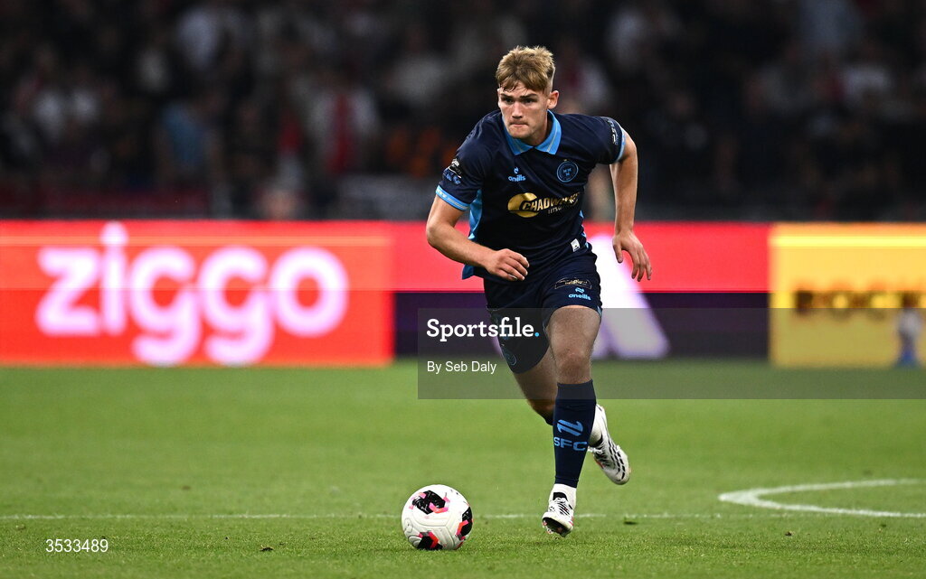 6 August 2026; Sean Moore of Shelbourne during the UEFA Conference League Third Qualifying Round first leg match between Ajax and Shelbourne at Johan Cruyff Arena in Amsterdam, Netherlands. Photo by Seb Daly/Sportsfile