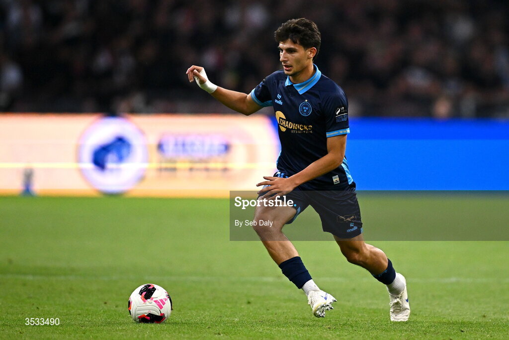 6 August 2026; Rodrigo Freitas of Shelbourne during the UEFA Conference League Third Qualifying Round first leg match between Ajax and Shelbourne at Johan Cruyff Arena in Amsterdam, Netherlands. Photo by Seb Daly/Sportsfile