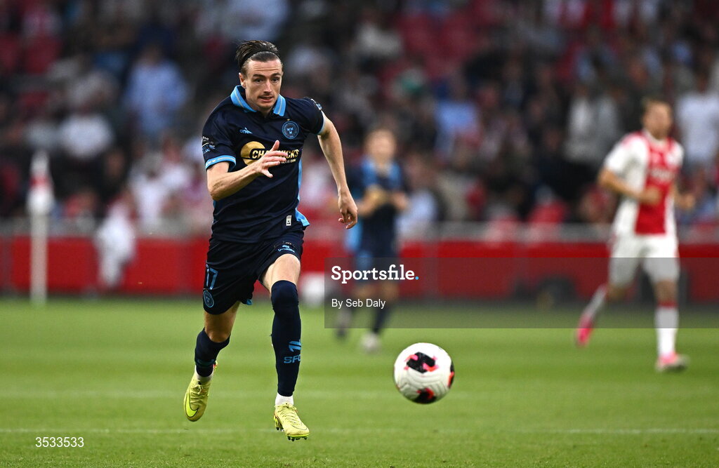6 August 2026; Daniel Kelly of Shelbourne during the UEFA Conference League Third Qualifying Round first leg match between Ajax and Shelbourne at Johan Cruyff Arena in Amsterdam, Netherlands. Photo by Seb Daly/Sportsfile