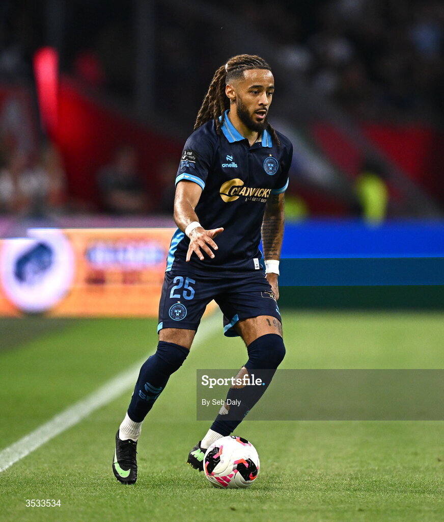 6 August 2026; Milan Mbeng of Shelbourne during the UEFA Conference League Third Qualifying Round first leg match between Ajax and Shelbourne at Johan Cruyff Arena in Amsterdam, Netherlands. Photo by Seb Daly/Sportsfile