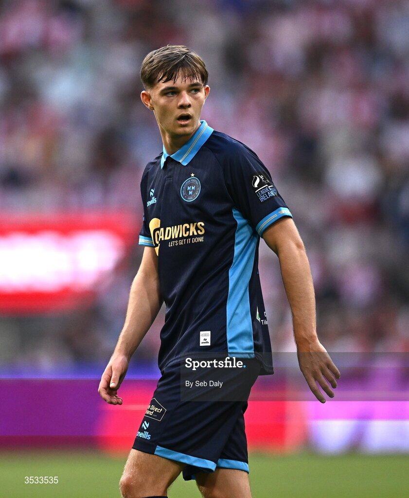 6 August 2026; Sean Moore of Shelbourne during the UEFA Conference League Third Qualifying Round first leg match between Ajax and Shelbourne at Johan Cruyff Arena in Amsterdam, Netherlands. Photo by Seb Daly/Sportsfile