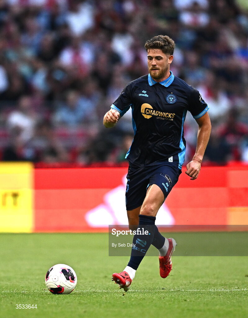 6 August 2026; Sam Bone of Shelbourne during the UEFA Conference League Third Qualifying Round first leg match between Ajax and Shelbourne at Johan Cruyff Arena in Amsterdam, Netherlands. Photo by Seb Daly/Sportsfile