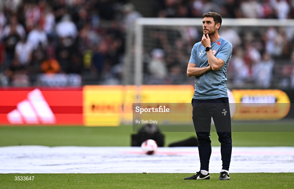 6 August 2026; Shelbourne head coach John Russell before the UEFA Conference League Third Qualifying Round first leg match between Ajax and Shelbourne at Johan Cruyff Arena in Amsterdam, Netherlands. Photo by Seb Daly/Sportsfile