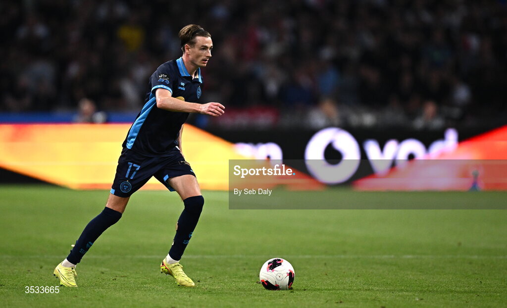 6 August 2026; Daniel Kelly of Shelbourne during the UEFA Conference League Third Qualifying Round first leg match between Ajax and Shelbourne at Johan Cruyff Arena in Amsterdam, Netherlands. Photo by Seb Daly/Sportsfile