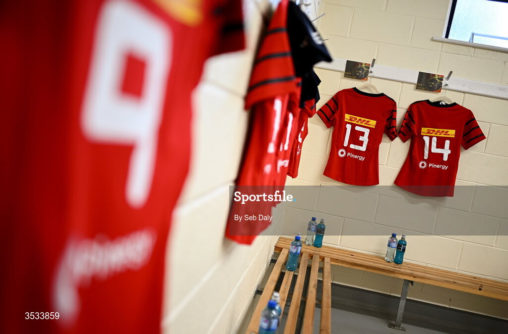 8 August 2026; The jerseys of Munster players Alana McInerney, 13, and Katie Corrigan, 14, hang in the dressing room before the Vodafone Womens Interprovincial Championship Round 1 match between Munster and Leinster at Virgin Media Park in Cork. Photo by Seb Daly/Sportsfile