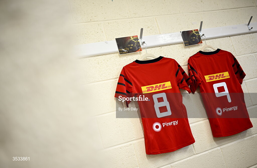 8 August 2026; The jerseys of Munster players Maeve Óg O’Leary, 8, and Emily Lane, 9, hang in the dressing room before the Vodafone Womens Interprovincial Championship Round 1 match between Munster and Leinster at Virgin Media Park in Cork. Photo by Seb Daly/Sportsfile