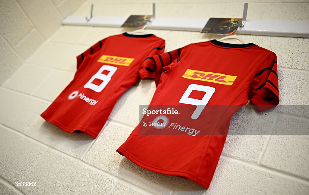 8 August 2026; The jerseys of Munster players Emily Lane, 9, and Maeve Óg O’Leary, 8, hang in the dressing room before the Vodafone Womens Interprovincial Championship Round 1 match between Munster and Leinster at Virgin Media Park in Cork. Photo by Seb Daly/Sportsfile