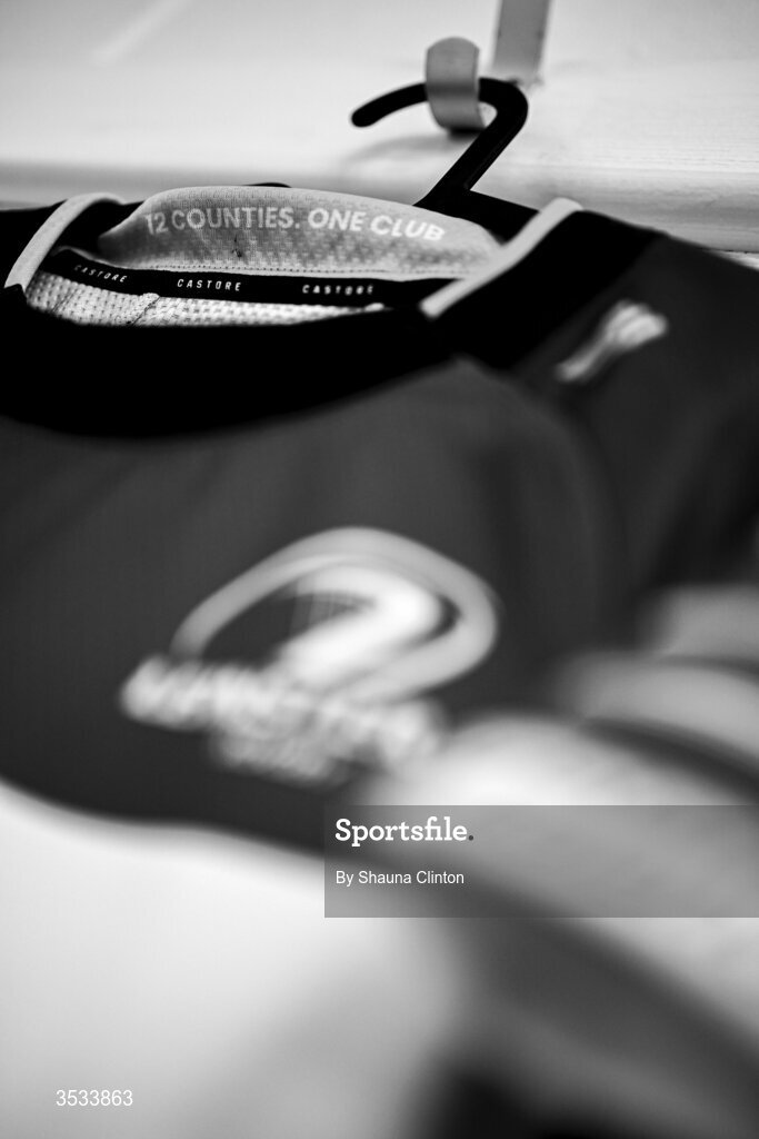 8 August 2026; (EDITOR'S NOTE; Image has been converted to black and white) The jersey of Leinster captain Sarah Delaney is seen hanging in the dressing room ahead of the Vodafone Womens Interprovincial Championship Round 1 match between Munster and Leinster at Virgin Media Park in Cork. Photo by Shauna Clinton/Sportsfile