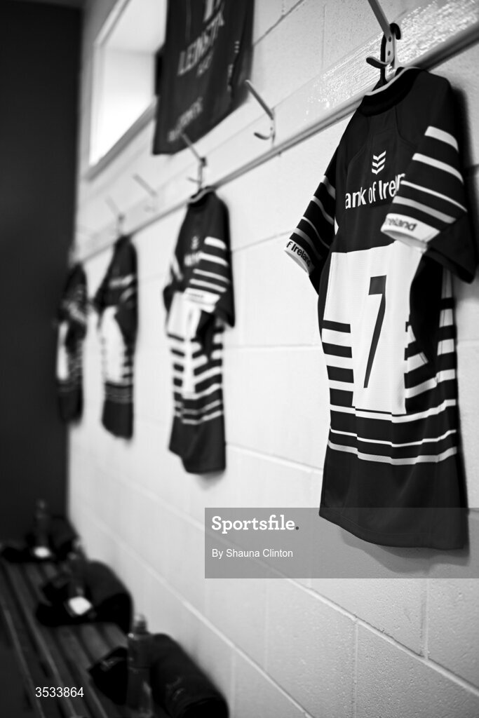 8 August 2026; (EDITOR'S NOTE; Image has been converted to black and white) The jersey of Roisín Kinch of Leinster is seen hanging in the dressing room ahead of the Vodafone Womens Interprovincial Championship Round 1 match between Munster and Leinster at Virgin Media Park in Cork. Photo by Shauna Clinton/Sportsfile