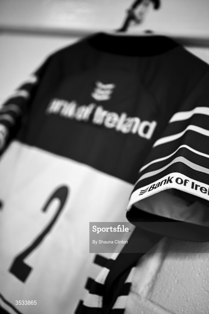 8 August 2026; (EDITOR'S NOTE; Image has been converted to black and white) The jersey of Leinster captain Sarah Delaney is seen hanging in the dressing room ahead of the Vodafone Womens Interprovincial Championship Round 1 match between Munster and Leinster at Virgin Media Park in Cork. Photo by Shauna Clinton/Sportsfile