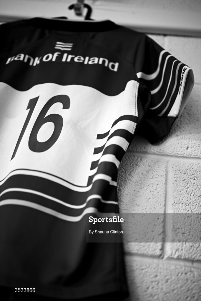 8 August 2026; (EDITOR'S NOTE; Image has been converted to black and white) The jersey of Emma Jane Wilson of Leinster is seen hanging in the dressing room ahead of the Vodafone Womens Interprovincial Championship Round 1 match between Munster and Leinster at Virgin Media Park in Cork. Photo by Shauna Clinton/Sportsfile