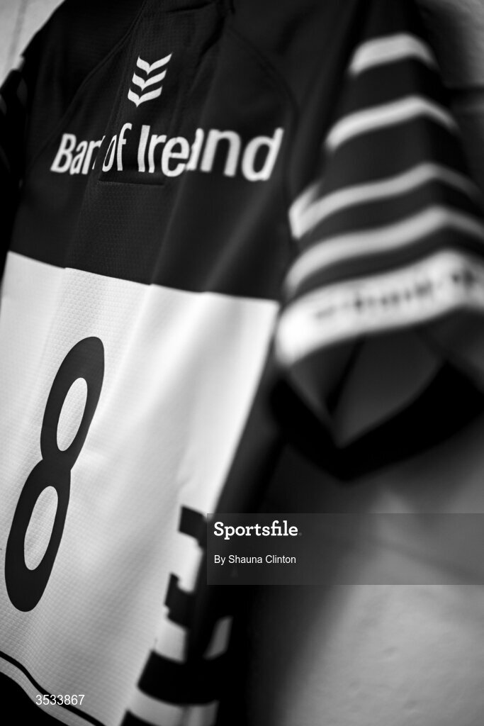 8 August 2026; (EDITOR'S NOTE; Image has been converted to black and white) The jersey of Erin King of Leinster is seen hanging in the dressing room ahead of the Vodafone Womens Interprovincial Championship Round 1 match between Munster and Leinster at Virgin Media Park in Cork. Photo by Shauna Clinton/Sportsfile