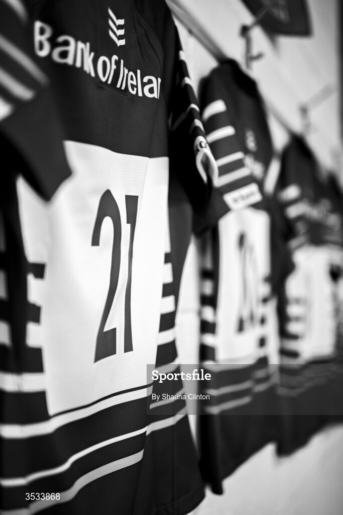8 August 2026; (EDITOR'S NOTE; Image has been converted to black and white) The jersey of Alex Connor of Leinster is seen hanging in the dressing room ahead of the Vodafone Womens Interprovincial Championship Round 1 match between Munster and Leinster at Virgin Media Park in Cork. Photo by Shauna Clinton/Sportsfile