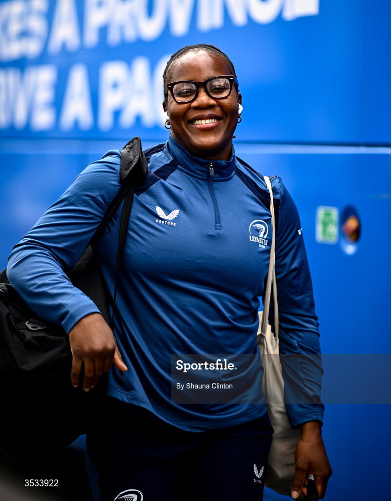 8 August 2026; Linda Djougang of Leinster arrives ahead of the Vodafone Womens Interprovincial Championship Round 1 match between Munster and Leinster at Virgin Media Park in Cork. Photo by Shauna Clinton/Sportsfile