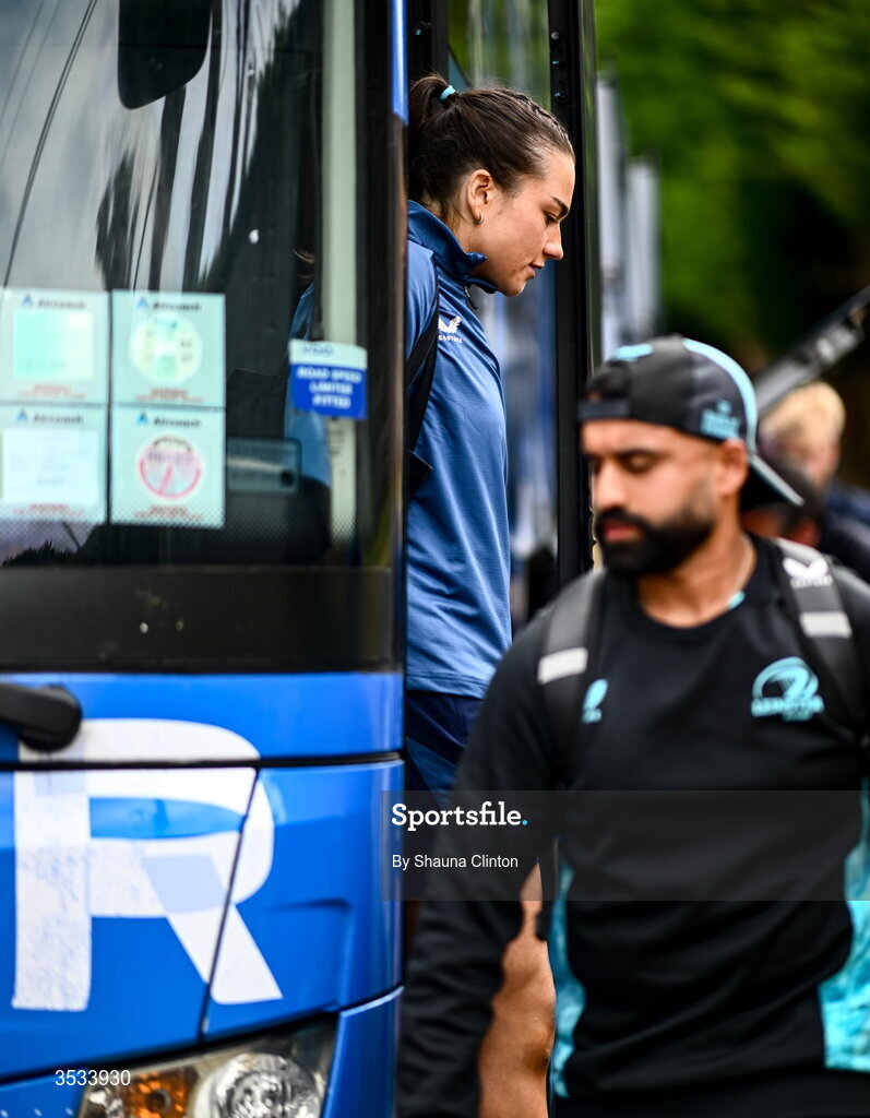 8 August 2026; Kate Jordan of Leinster arrives ahead of the Vodafone Womens Interprovincial Championship Round 1 match between Munster and Leinster at Virgin Media Park in Cork. Photo by Shauna Clinton/Sportsfile