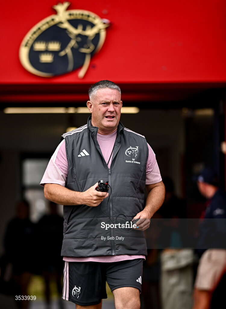 8 August 2026; Munster head coach Matt Brown before the Vodafone Womens Interprovincial Championship Round 1 match between Munster and Leinster at Virgin Media Park in Cork. Photo by Seb Daly/Sportsfile