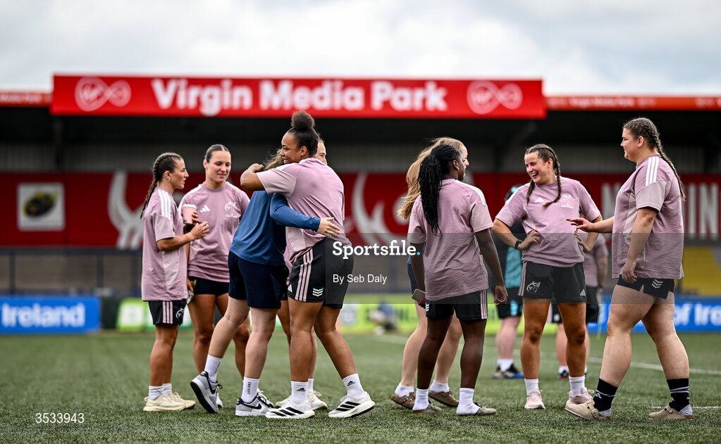 8 August 2026; Munster and Leinster players before the Vodafone Womens Interprovincial Championship Round 1 match between Munster and Leinster at Virgin Media Park in Cork. Photo by Seb Daly/Sportsfile