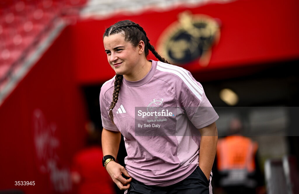 8 August 2026; Katie Corrigan of Munster before the Vodafone Womens Interprovincial Championship Round 1 match between Munster and Leinster at Virgin Media Park in Cork. Photo by Seb Daly/Sportsfile