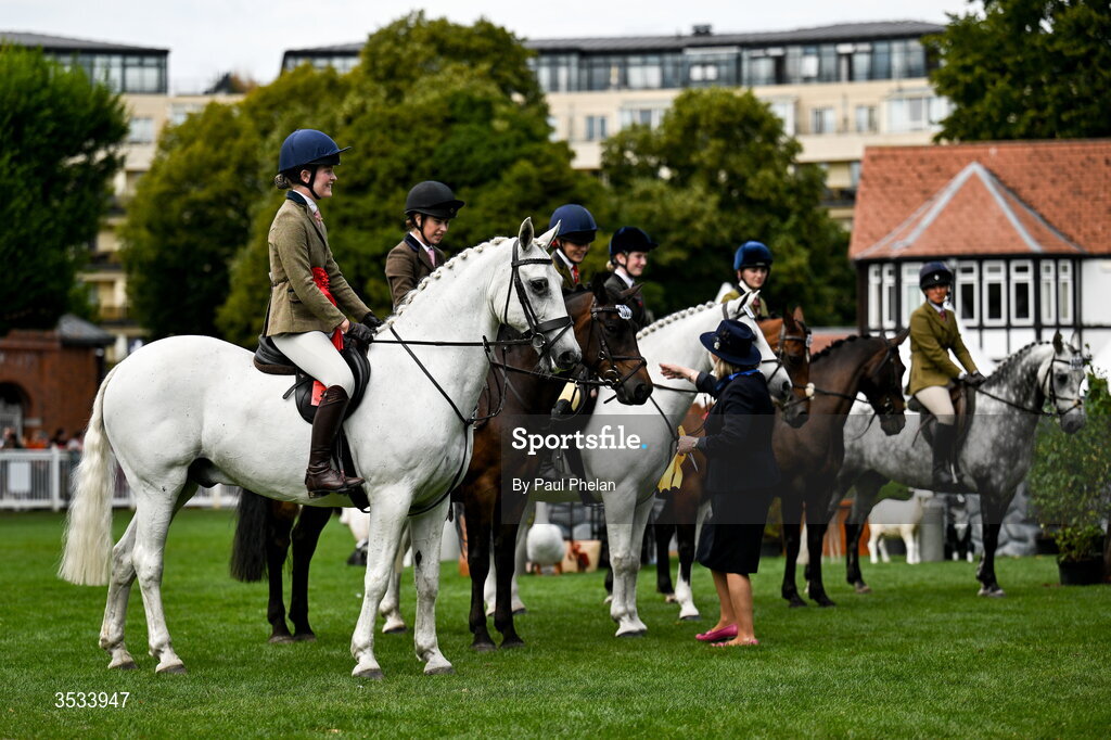 8 August 2026; The final 6 line-up to receive their awards in the Class 95 Working Hunter Ponies during day four of the Gallagher Dublin Horse Show at the RDS in Dublin. Photo by Paul Phelan/Sportsfile