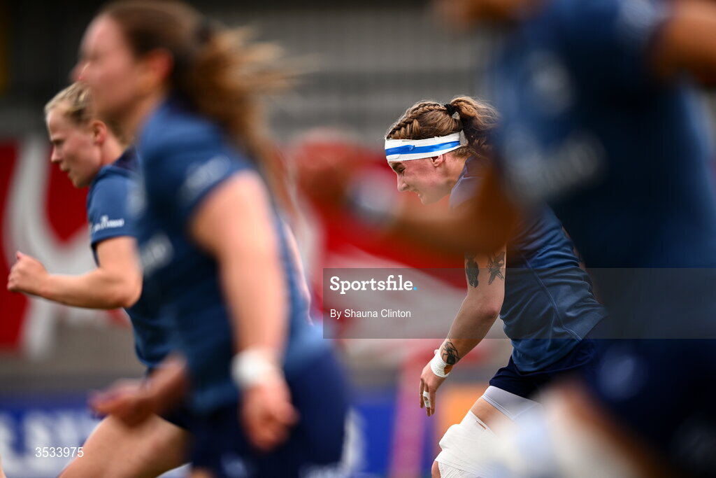 8 August 2026; Ruth Campbell of Leinster, centre, and team-mates warm-up ahead of the Vodafone Womens Interprovincial Championship Round 1 match between Munster and Leinster at Virgin Media Park in Cork. Photo by Shauna Clinton/Sportsfile
