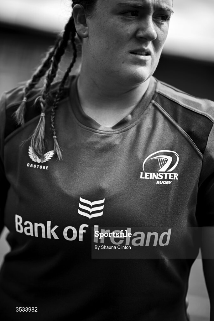 8 August 2026; (EDITOR'S NOTE; Image has been converted to black and white) A detailed view of the jersey of Hannah Wilson of Leinster as she warms-up ahead of the Vodafone Womens Interprovincial Championship Round 1 match between Munster and Leinster at Virgin Media Park in Cork. Photo by Shauna Clinton/Sportsfile *** NO REPRODUCTION FEE ***