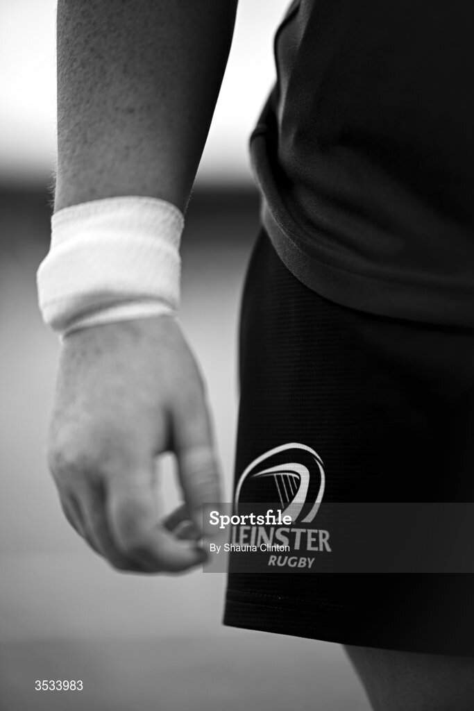 8 August 2026; (EDITOR'S NOTE; Image has been converted to black and white) A detailed view of the jersey of Hannah Wilson of Leinster as she warms-up ahead of the Vodafone Womens Interprovincial Championship Round 1 match between Munster and Leinster at Virgin Media Park in Cork. Photo by Shauna Clinton/Sportsfile *** NO REPRODUCTION FEE ***