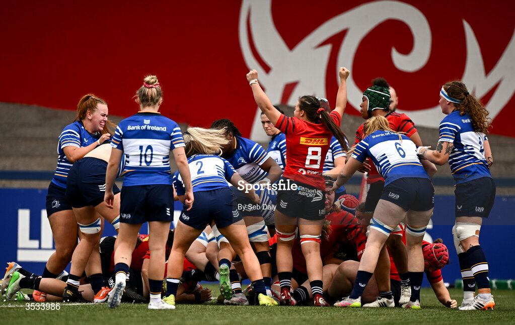 8 August 2026; Maeve Óg O’Leary of Munster, 8, celebrates her side's first try, scored by teammate Beth Buttimer, hidden, during the Vodafone Womens Interprovincial Championship Round 1 match between Munster and Leinster at Virgin Media Park in Cork. Photo by Seb Daly/Sportsfile