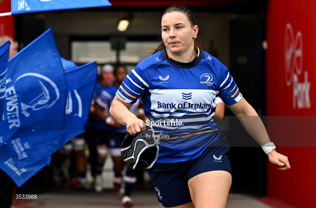 8 August 2026; Leinster captain Sarah Delaney leads her side out before the Vodafone Womens Interprovincial Championship Round 1 match between Munster and Leinster at Virgin Media Park in Cork. Photo by Seb Daly/Sportsfile