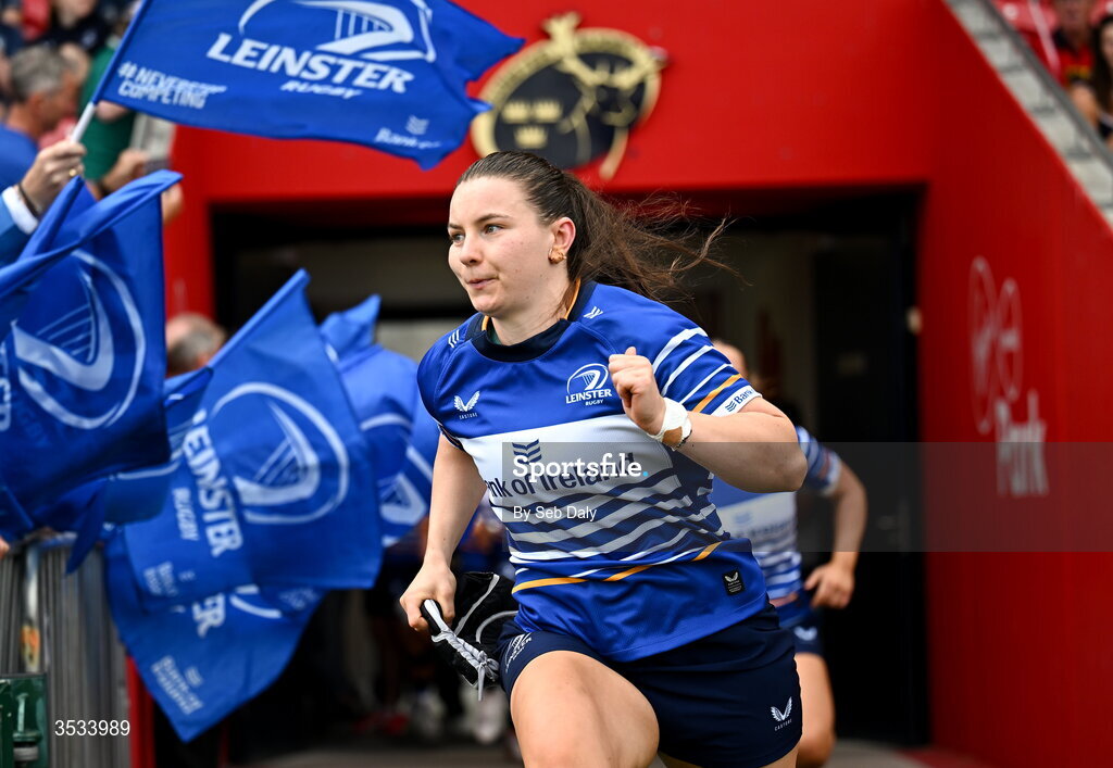 8 August 2026; Leinster captain Sarah Delaney leads her side out before the Vodafone Womens Interprovincial Championship Round 1 match between Munster and Leinster at Virgin Media Park in Cork. Photo by Seb Daly/Sportsfile