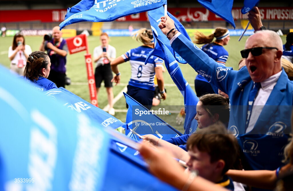 8 August 2026; Leinster supporters cheer on players as they take to the pitch ahead of the Vodafone Womens Interprovincial Championship Round 1 match between Munster and Leinster at Virgin Media Park in Cork. Photo by Shauna Clinton/Sportsfile