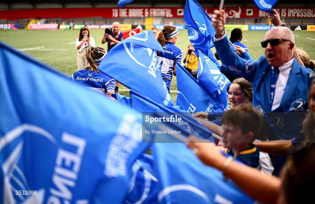 8 August 2026; Leinster supporters cheer on players as they take to the pitch ahead of the Vodafone Womens Interprovincial Championship Round 1 match between Munster and Leinster at Virgin Media Park in Cork. Photo by Shauna Clinton/Sportsfile