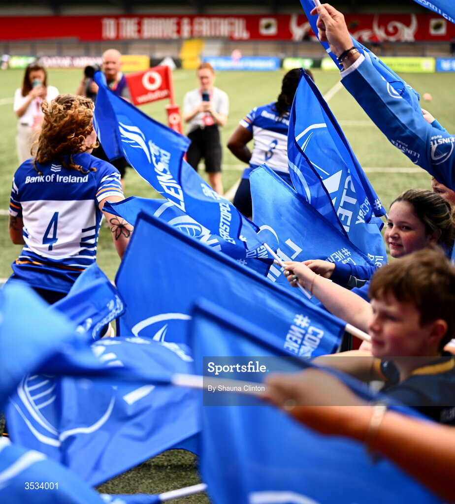 8 August 2026; Leinster supporters cheer on players as they take to the pitch ahead of the Vodafone Womens Interprovincial Championship Round 1 match between Munster and Leinster at Virgin Media Park in Cork. Photo by Shauna Clinton/Sportsfile