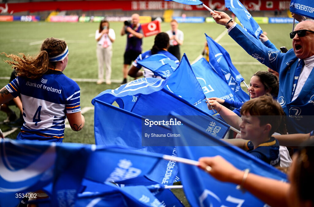 8 August 2026; Leinster supporters cheer on players as they take to the pitch ahead of the Vodafone Womens Interprovincial Championship Round 1 match between Munster and Leinster at Virgin Media Park in Cork. Photo by Shauna Clinton/Sportsfile