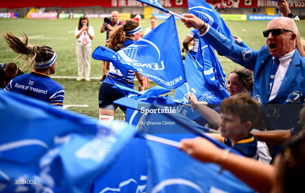 8 August 2026; Leinster supporters cheer on players as they take to the pitch ahead of the Vodafone Womens Interprovincial Championship Round 1 match between Munster and Leinster at Virgin Media Park in Cork. Photo by Shauna Clinton/Sportsfile