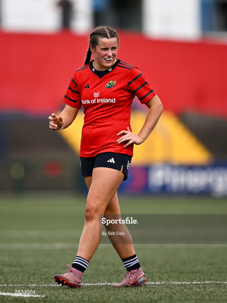 8 August 2026; Katie Corrigan of Munster during the Vodafone Womens Interprovincial Championship Round 1 match between Munster and Leinster at Virgin Media Park in Cork. Photo by Seb Daly/Sportsfile
